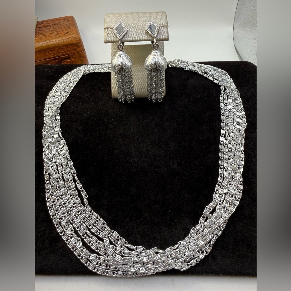 Vintage Sarah Coventry Silver Tone Multi Chain Necklace & Clip Earrings Set